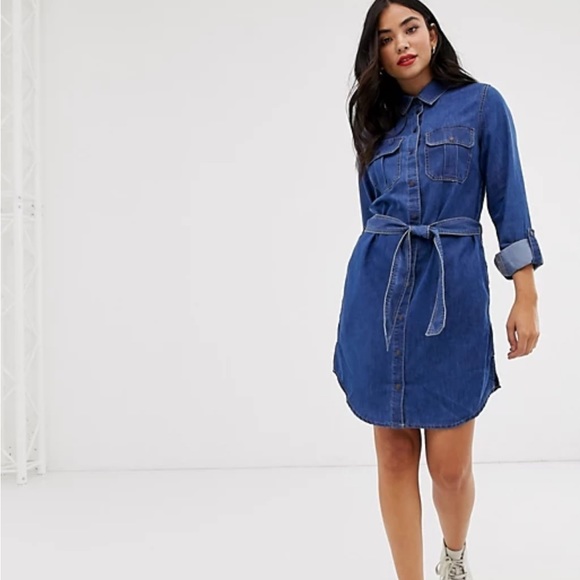 ASOS Denim Mini Dress With Belt in Midwash Blue Size 4 - Picture 9 of 12